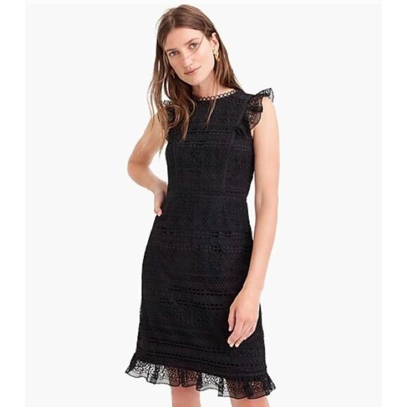 J. Crew Cap Sleeve Ruffle Dress in Mixed Lace Black Size 2 - Picture 1 of 16